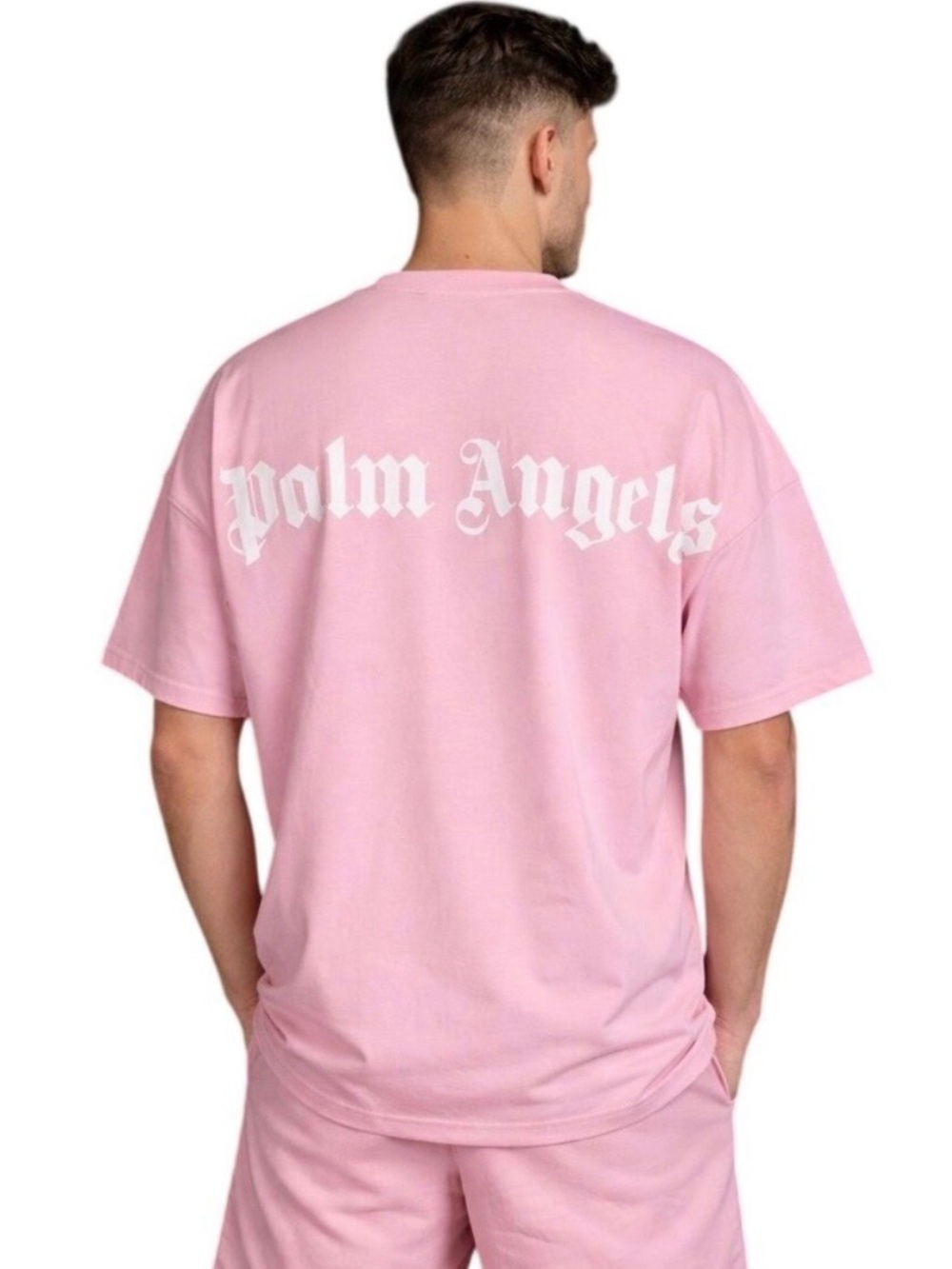 Palm Angels Oversized Mock Neck Logo T-Shirt Pink White Back Graphic Mens Medium